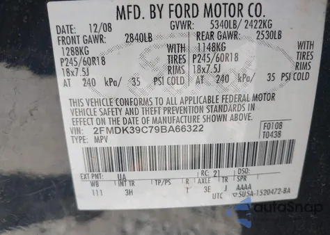 2009 Ford Edge Limited из США, поврежденный, VIN 2FMDK39C79BA66322